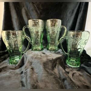 Coca Cola drinking glasses set of 4 green handles classic bottle shape